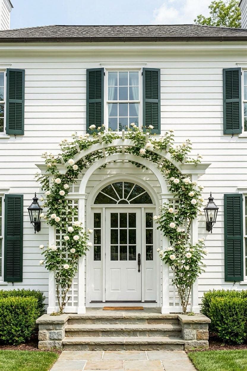 Grand white colonial-style trellis arch with white climbing roses over arched front door entry of classic American colonial home with lattice fence panels and black lanterns