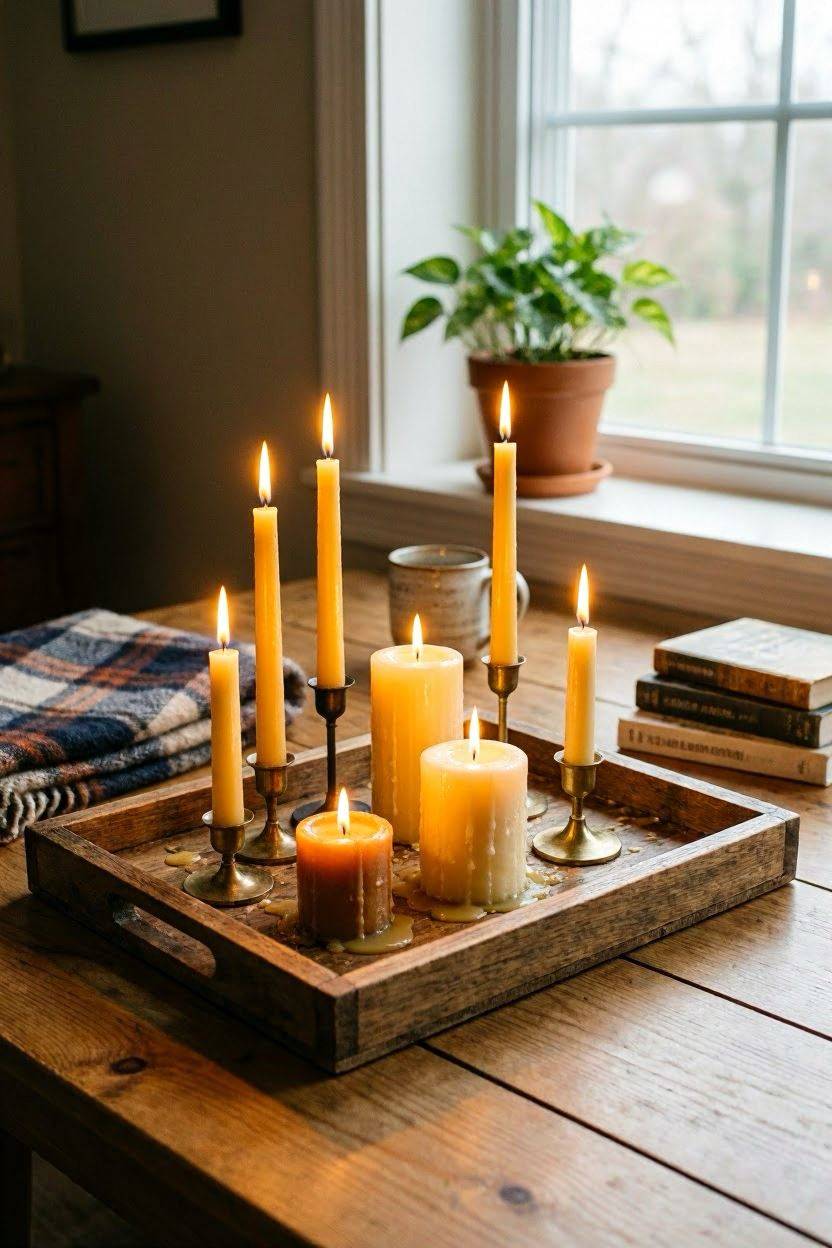 Grouped candles of different heights on a wood tray with warm glow