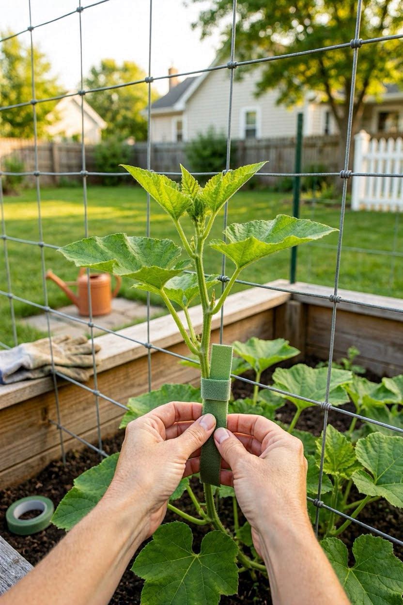 Hands gently tying a young pumpkin vine to a wire mesh trellis using soft garden ties in a sunny backyard
