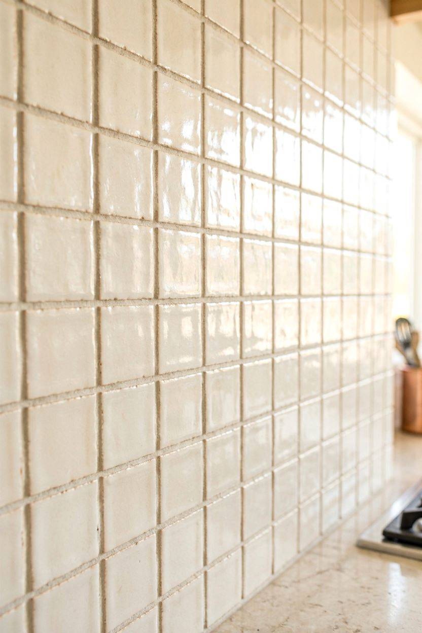 Handmade look zellige tile backsplash in a warm off-white kitchen