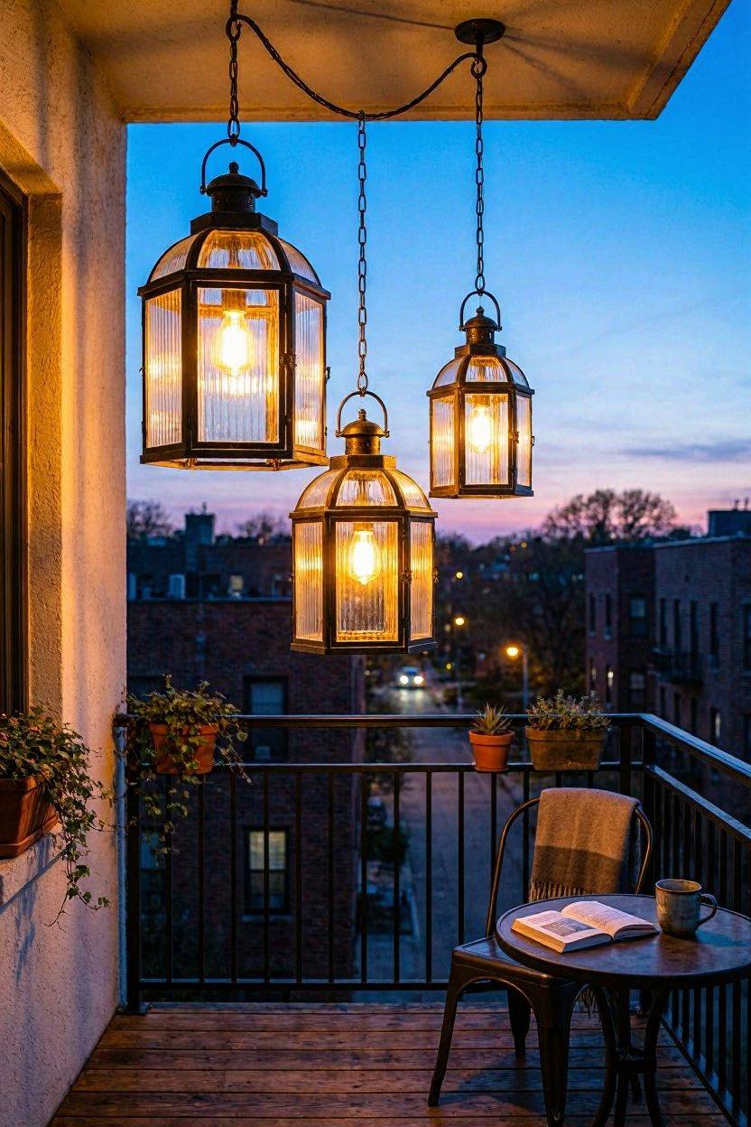 Lanterns of different sizes hanging from a balcony ceiling hook