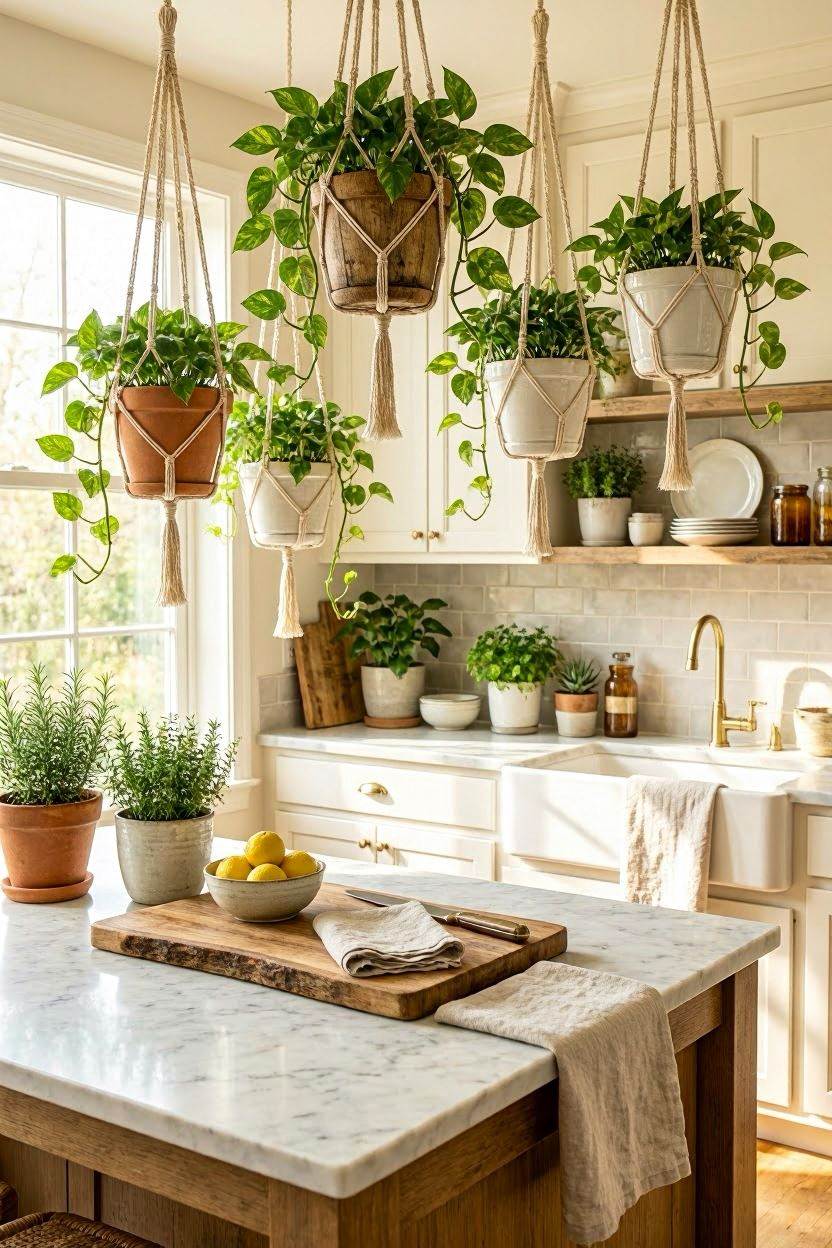 10 Hanging Plants Ideas for Kitchen - Trailing Pothos and Herbs in a Bright Modern Kitchen