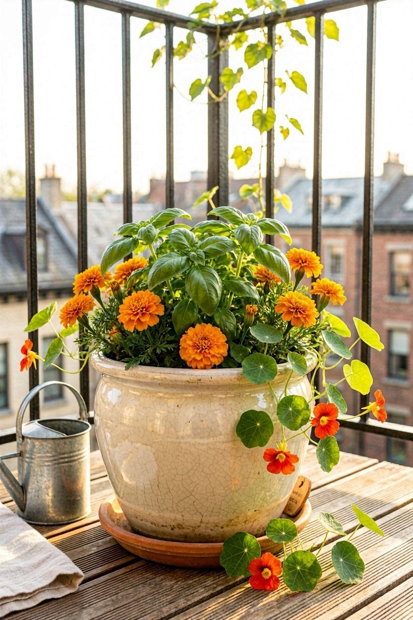Mixed planter with basil, marigolds, and nasturtiums in a large ceramic pot on a balcony