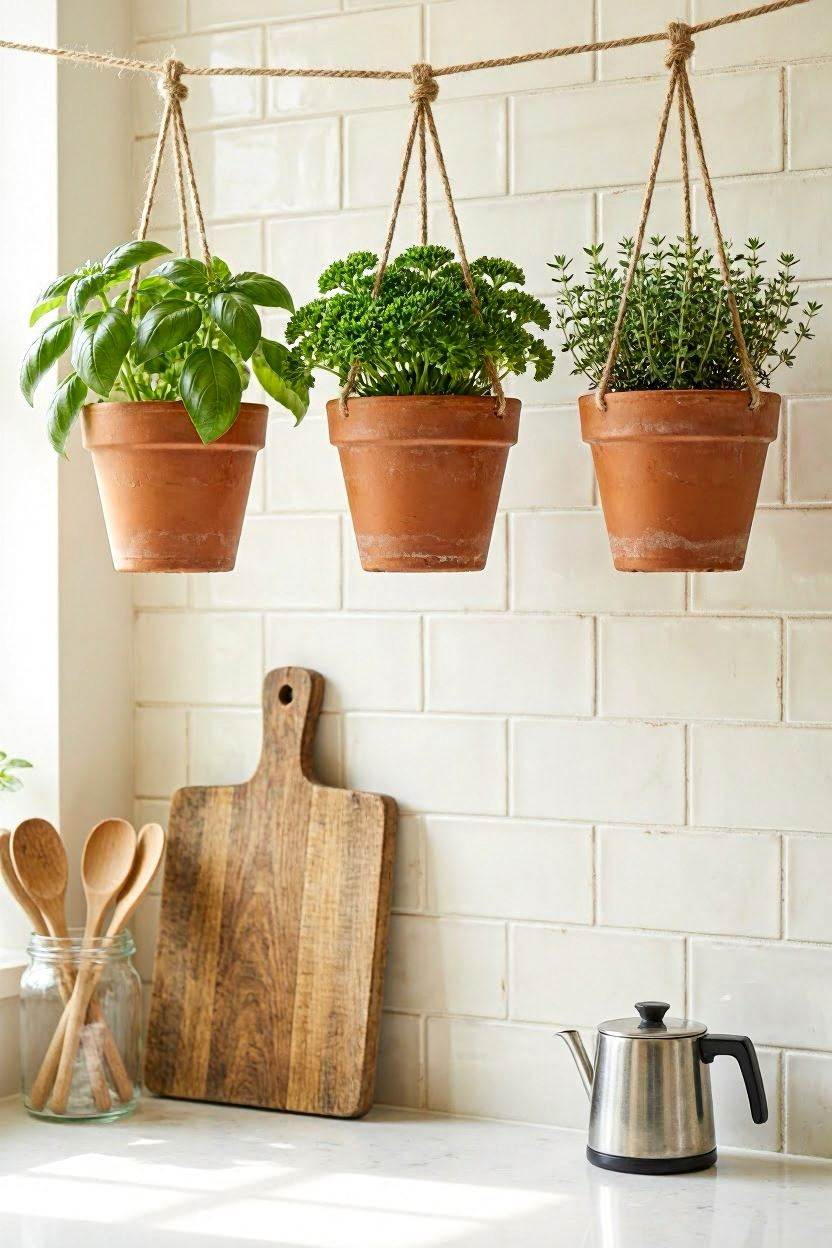 Three terracotta herb pots hanging in a row above a kitchen counter with basil, parsley, and thyme