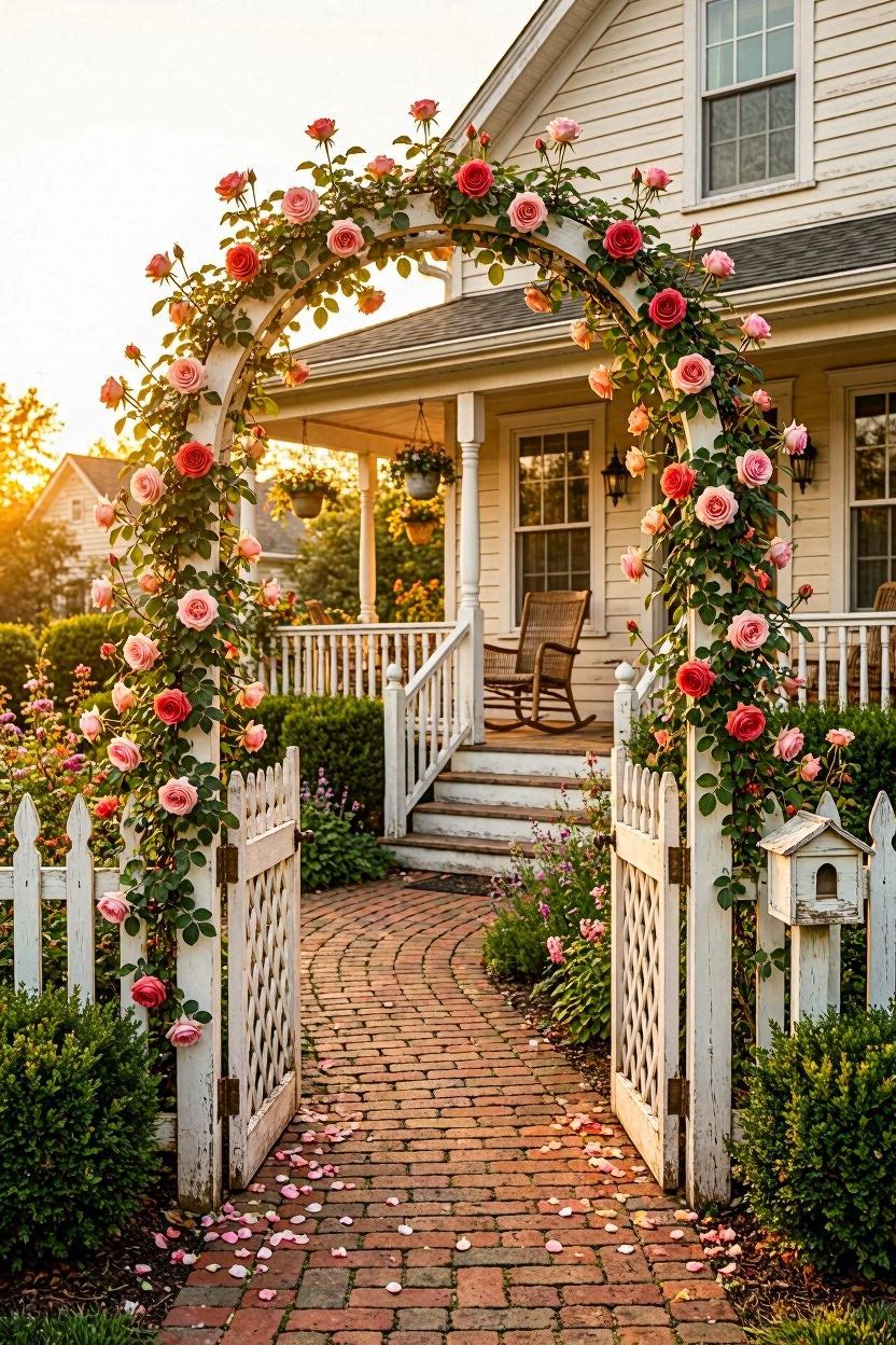 White lattice trellis arch covered in pink and red climbing roses framing a cottage front entry with white picket fence