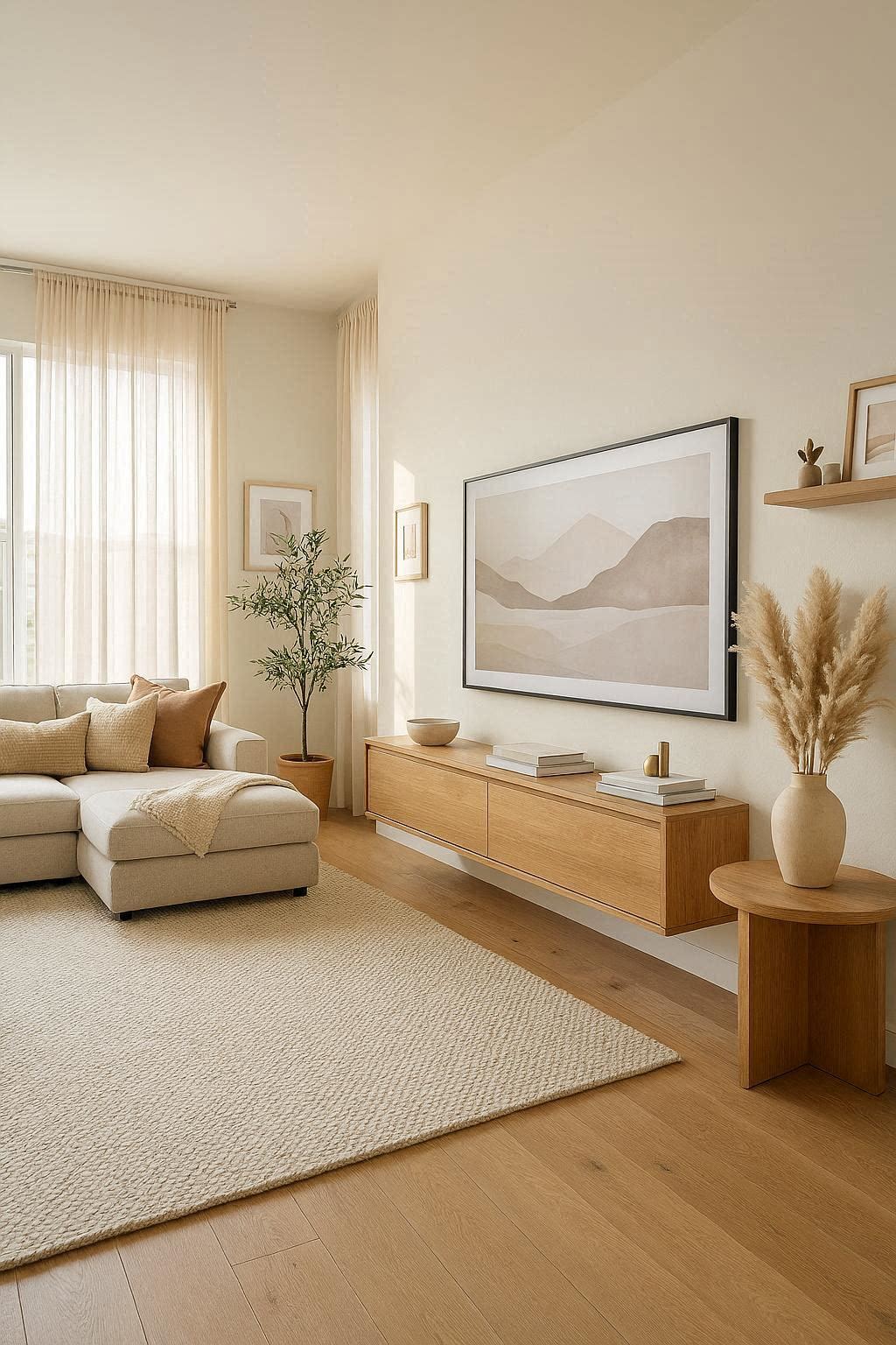 A clean modern living room with a wall-mounted TV and zero visible cables, styled with warm neutral tones and minimalist decor