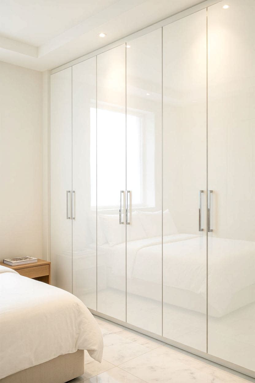 High gloss white wardrobe with reflective panels and slim bar handles in a bright American bedroom