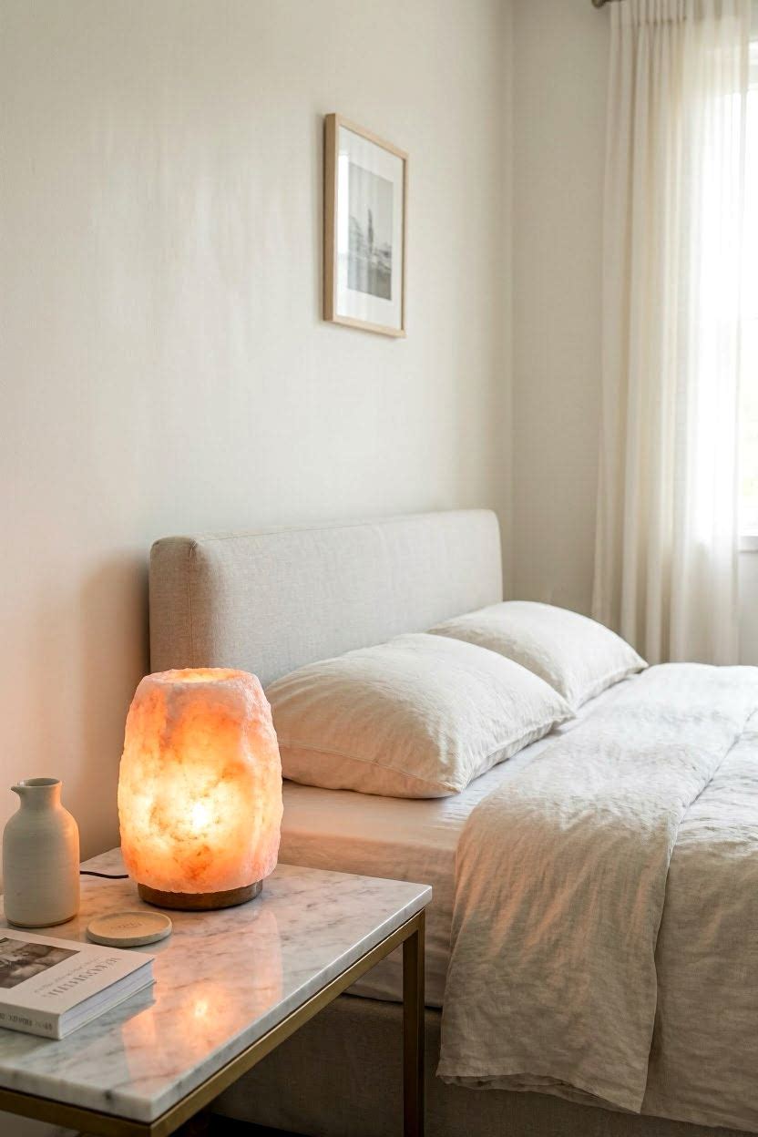 Himalayan salt lamp glowing warm orange on a white marble nightstand in a serene bedroom