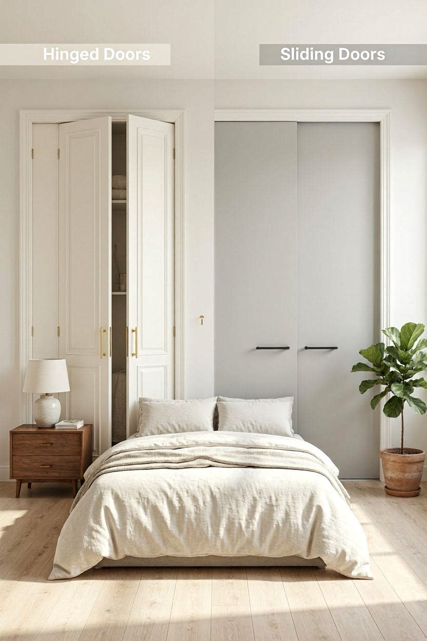 Comparison of hinged vs sliding wardrobe doors in a modern bedroom layout
