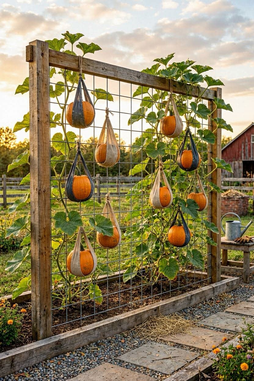 Hog wire flat panel trellis with pumpkin vines trained vertically