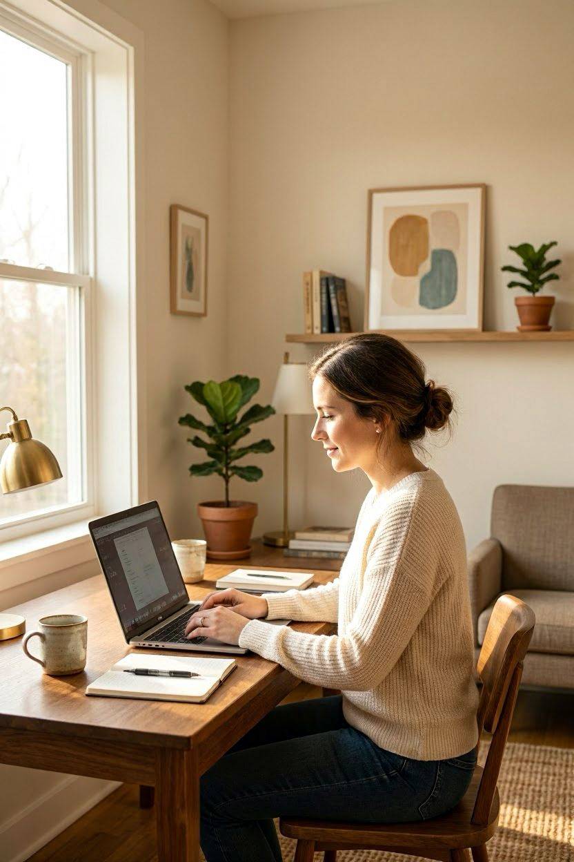 Modern home office setup with natural light and wooden desk