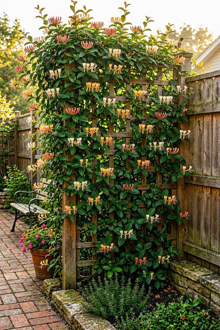 Honeysuckle vine covering a garden trellis