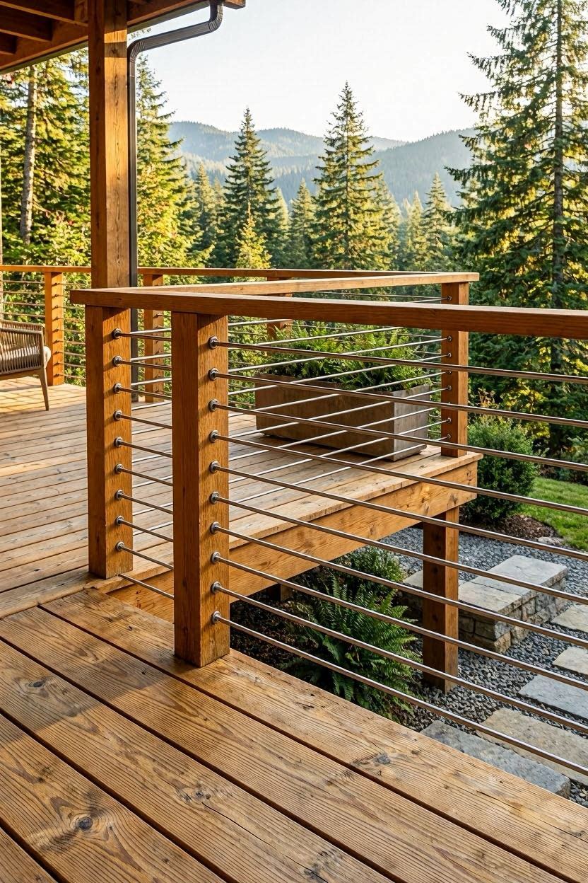Horizontal cable railing with wood posts on a wooden deck balcony