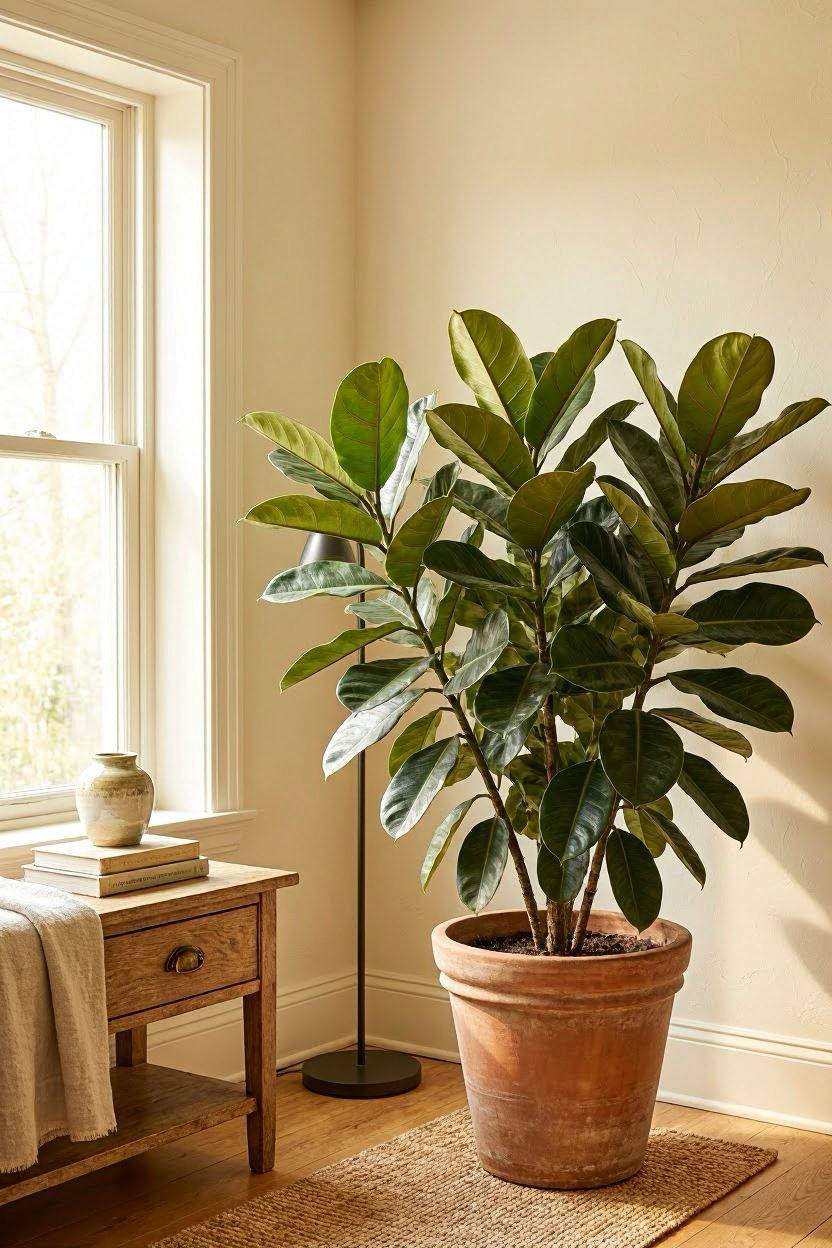 Living room corner styled with a large potted plant near natural light