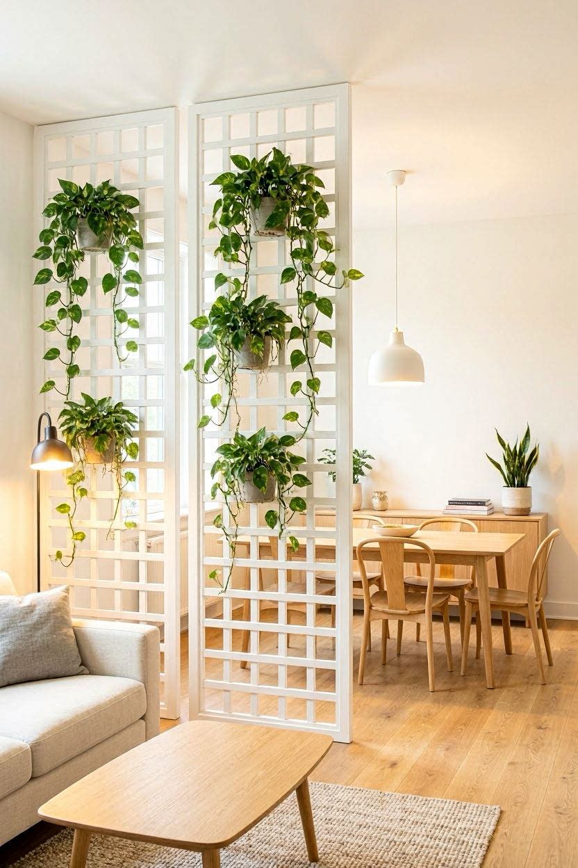 Indoor trellis panel room divider in modern living room with houseplants
