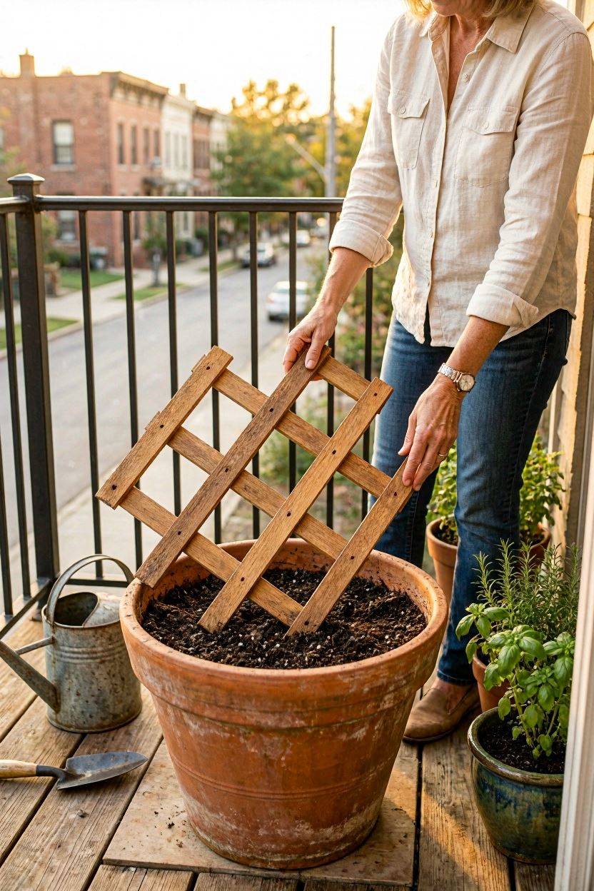 Installing and anchoring a balcony trellis securely into a large pot