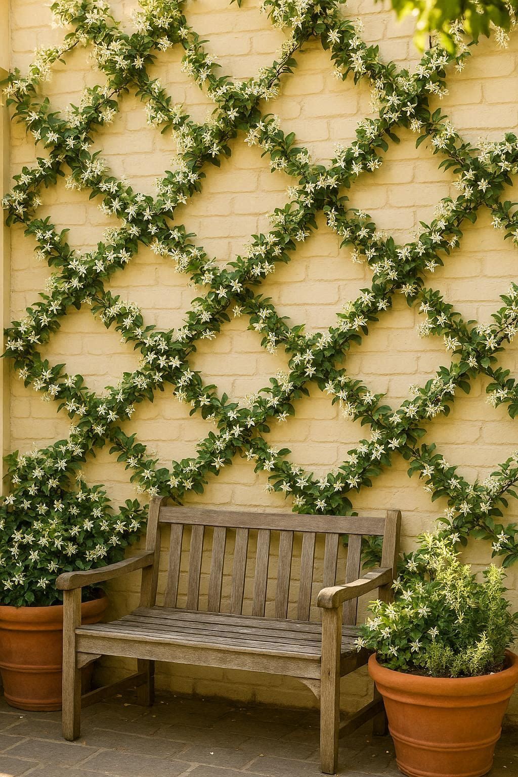 Metal arch trellis installed over a garden pathway with jasmine planted at base