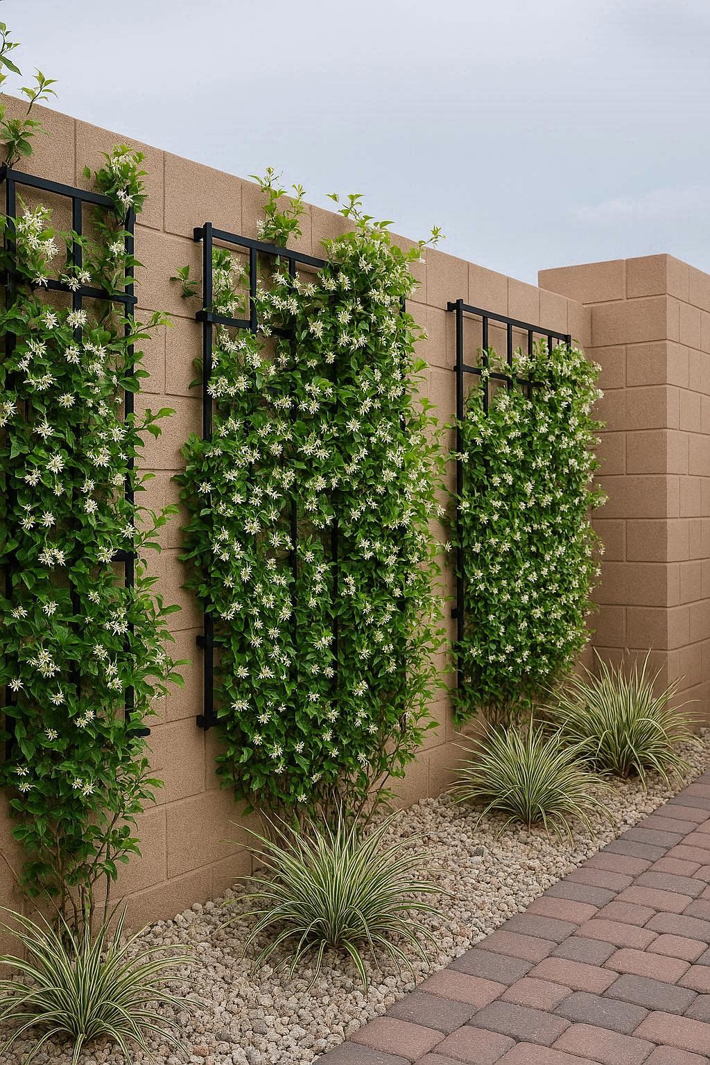 Hero image of a wooden jasmine trellis covered in white blooms on a home patio