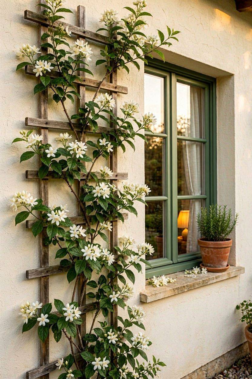 Fragrant jasmine vine growing on a trellis near a window