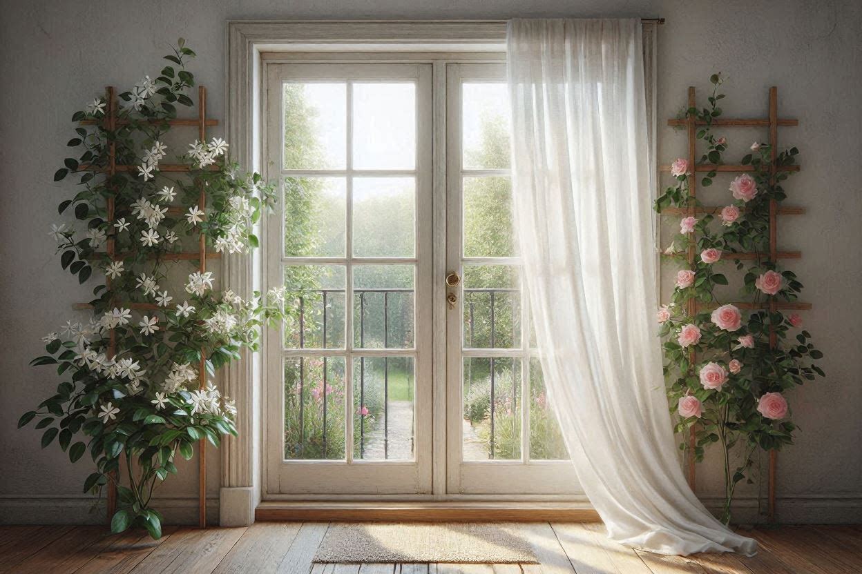 A French door leading to a Juliet balcony framed by lush climbing jasmine and a small potted rose, morning light streaming in, cozy US home interior