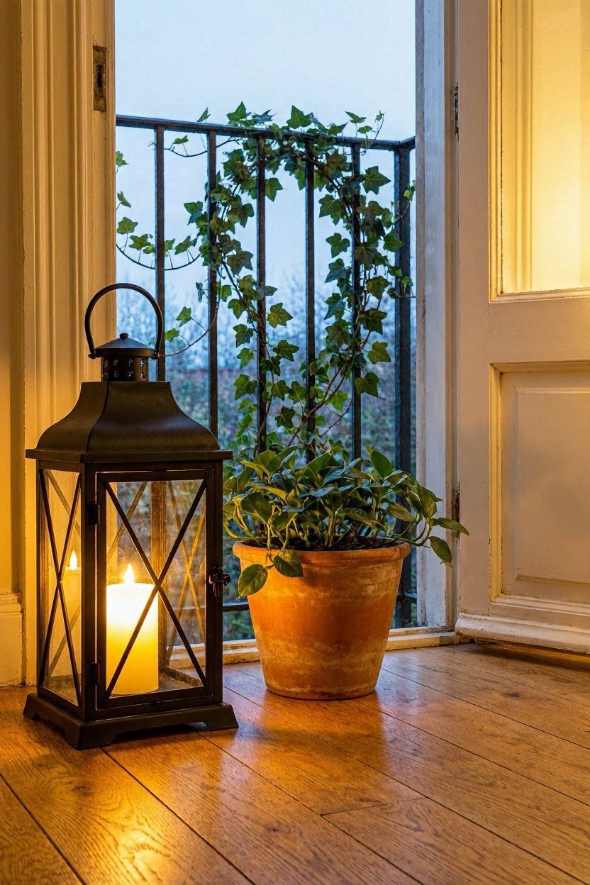 A large black metal lantern with a flickering candle placed beside an open Juliet balcony door, ivy trailing outside, warm evening interior light
