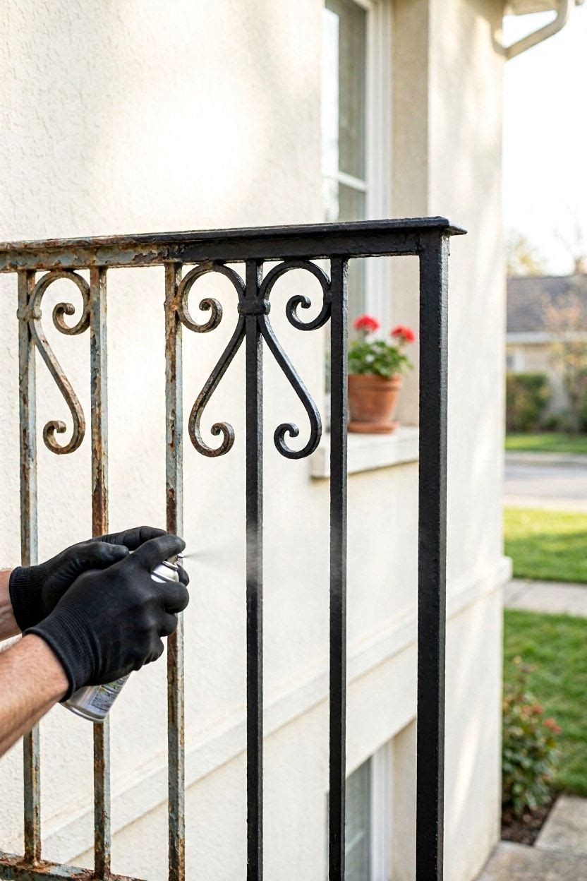 Hands applying black spray paint to a wrought iron Juliet balcony railing on a sunny morning, freshly painted section gleaming, US suburban home exterior
