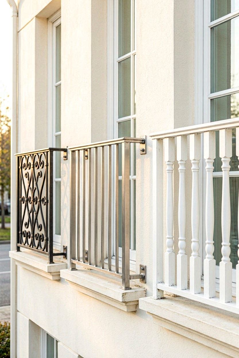 Three Juliet balcony railing styles side by side — black wrought iron, brushed steel, and white-painted wood in a bright US townhome