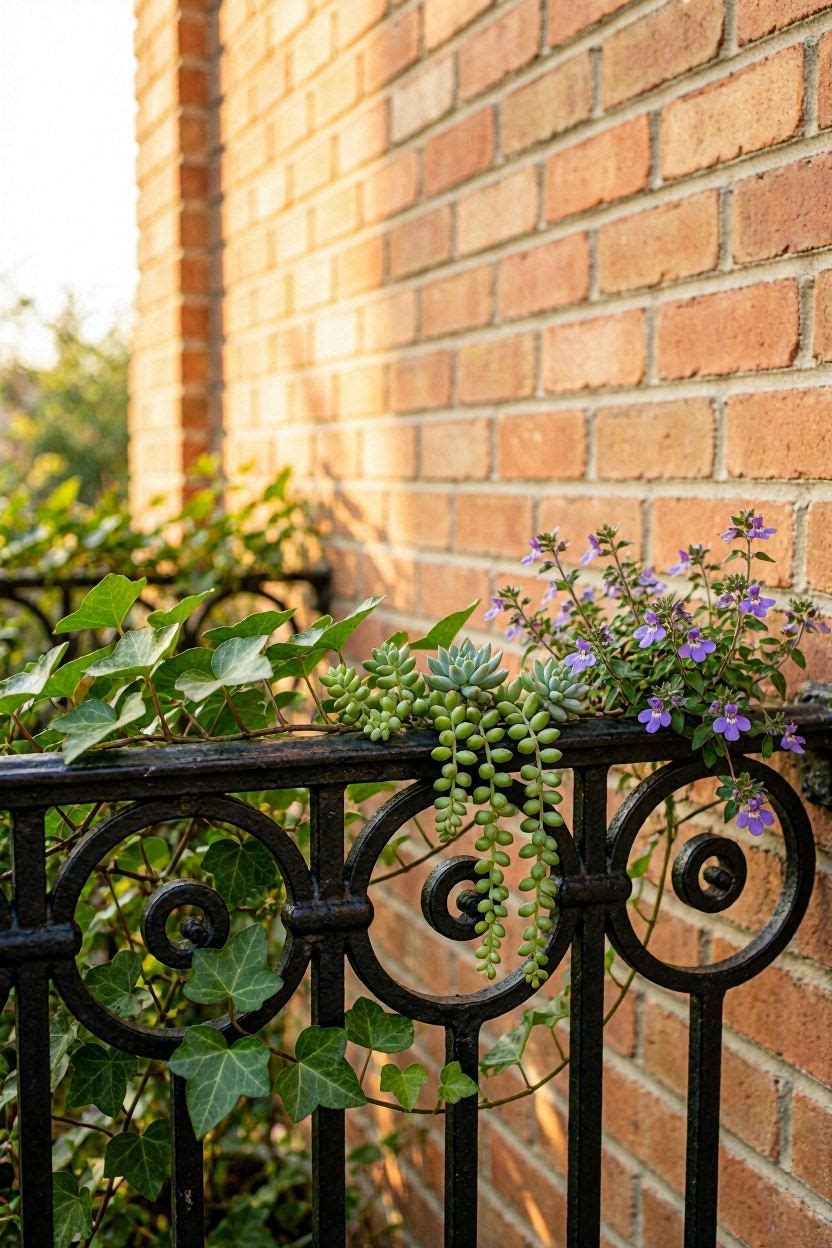 Close-up of a Juliet balcony railing with trailing ivy, string of pearls, and purple bacopa cascading down, warm afternoon sunlight