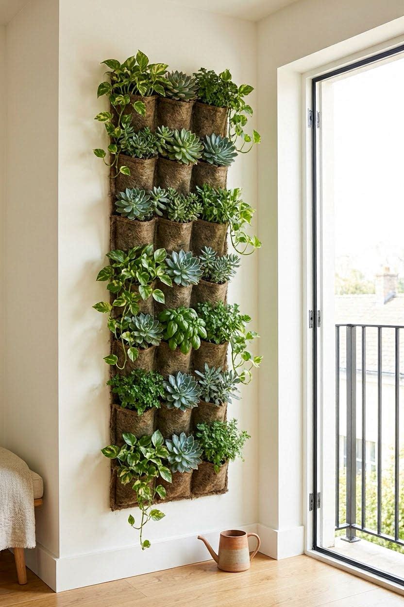 A lush vertical garden panel mounted on a white wall next to a Juliet balcony door, filled with succulents and trailing herbs, bright natural light