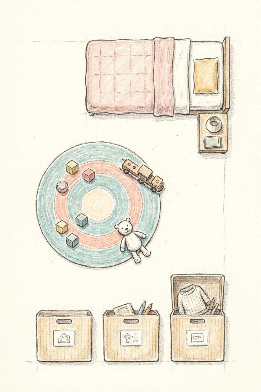 Floor plan sketch showing sleep, play, storage zones in a kids bedroom