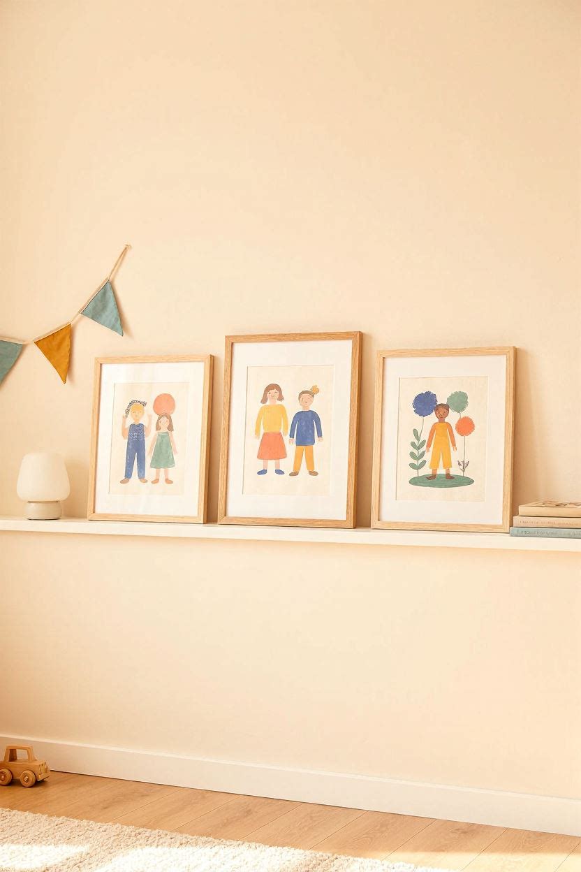Picture ledge with swapable kids art prints and a wooden frame