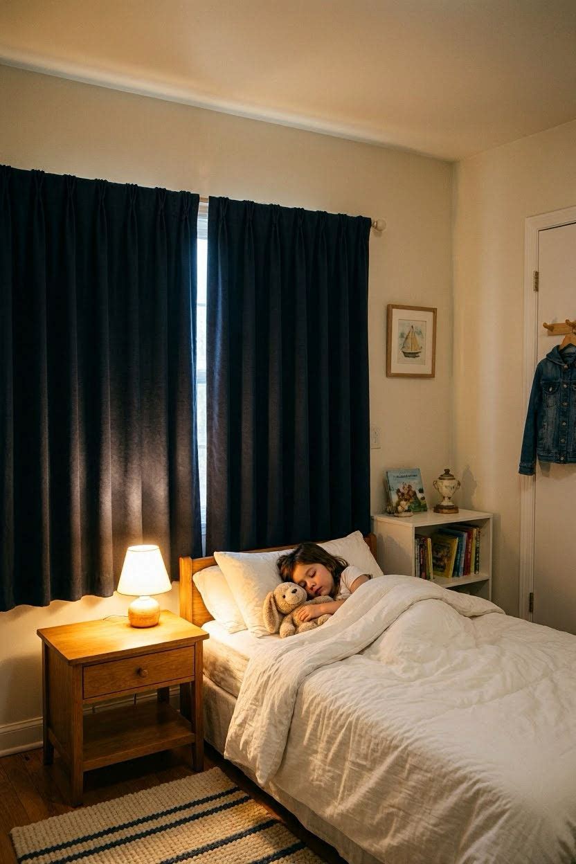 A cozy kids bedroom sleep zone with soft blackout curtains, a warm night light, and a stuffed animal on the bed