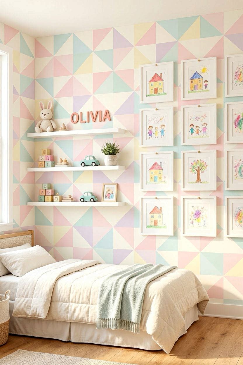 A kids bedroom accent wall with colorful peel-and-stick geometric wallpaper and a gallery wall of the child's own artwork