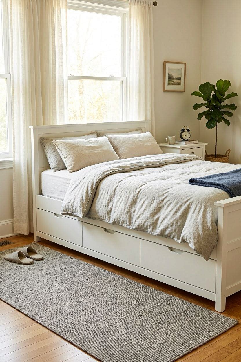 Convertible twin bed with storage drawers underneath in a neutral kids room