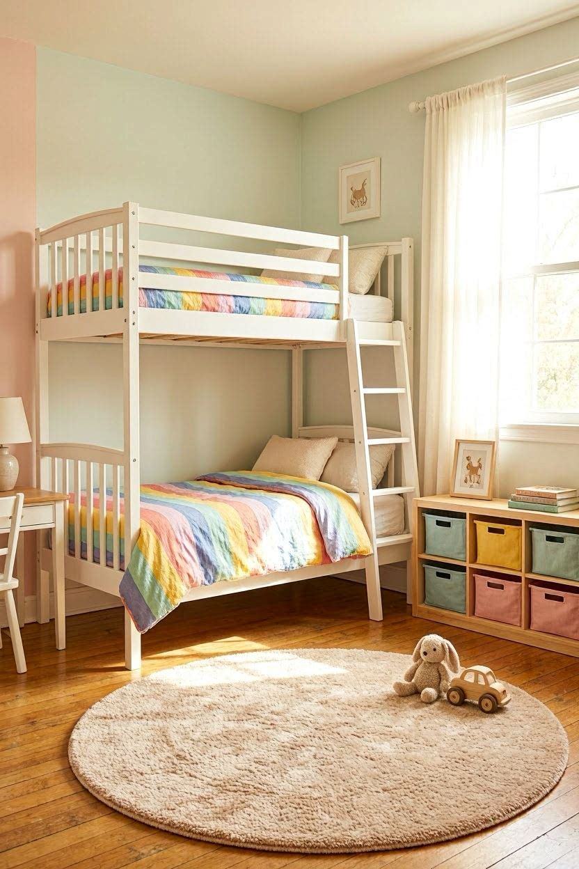 A bright, colorful kids bedroom with a loft bed, reading nook, and rainbow wall art — designed for safety and fun