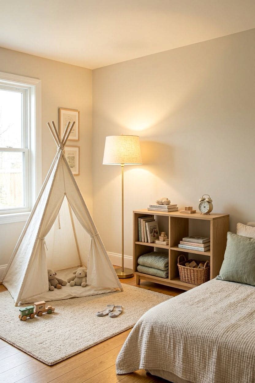 Kids bedroom with a teepee, low shelving, and neutral warm tones