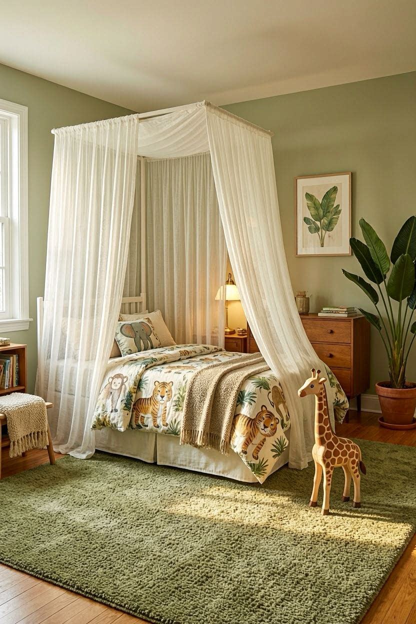 A jungle-themed kids bedroom with green walls, animal prints, and a canopy tent bed — cozy and adventurous