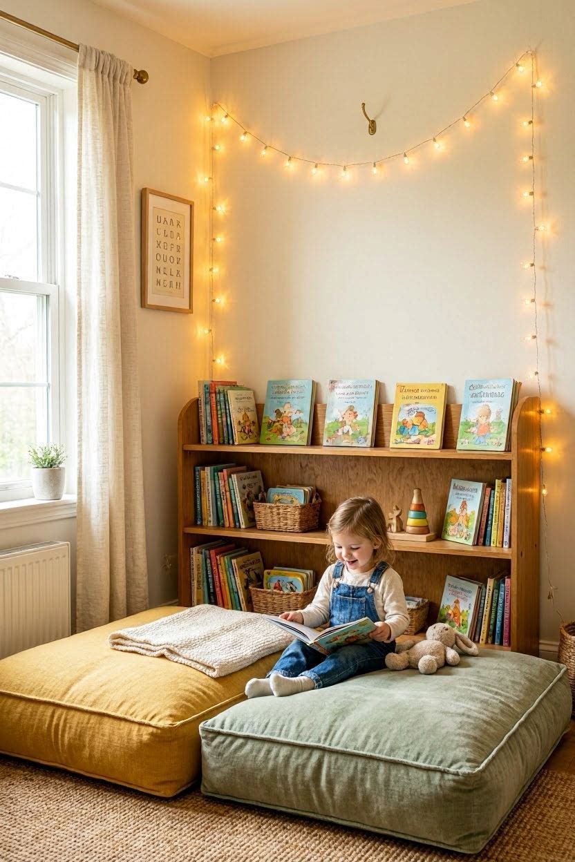 A cozy kids reading nook in a bedroom corner with floor cushions, a low bookshelf, and a string light canopy overhead