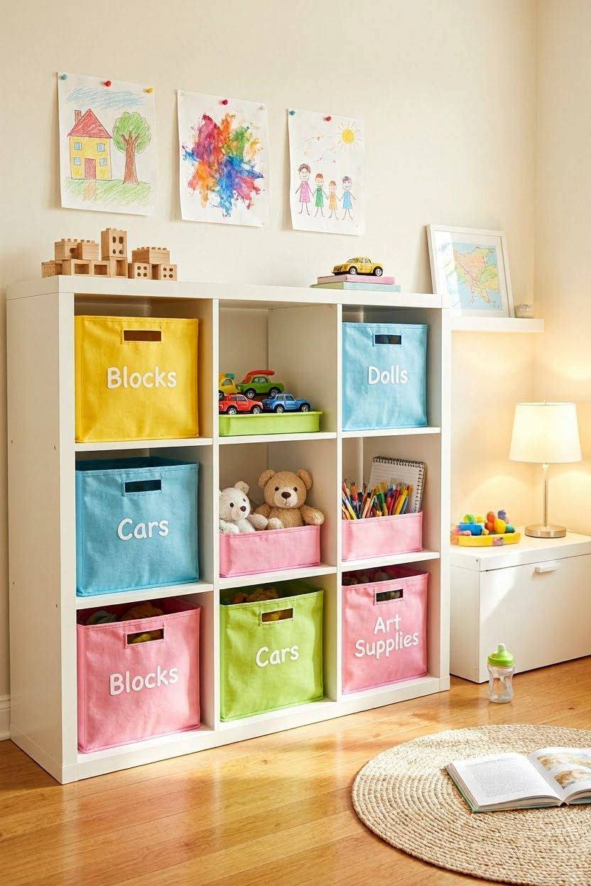 Colorful open cube shelving units with labeled bins organizing toys by category in a bright kids bedroom