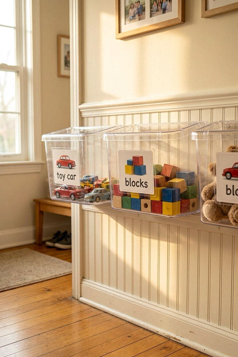 Wall-mounted clear bins with picture labels at child height