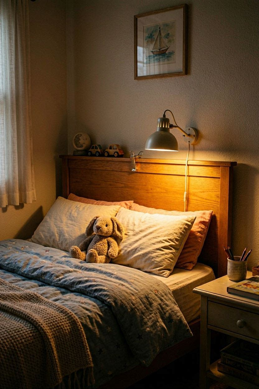 Warm clip-on reading light attached to a headboard, dim room