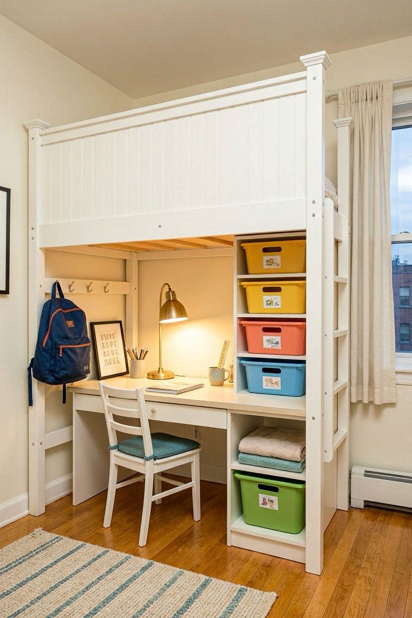 A white wooden loft bed with a desk underneath and colorful storage bins — perfect for small kids bedrooms