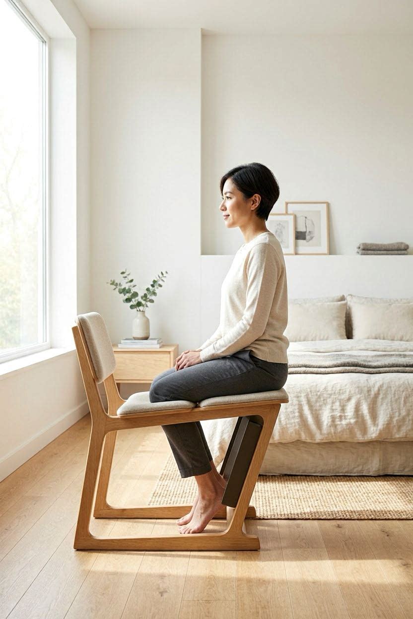 Kneeling chair for posture in a minimalist bedroom