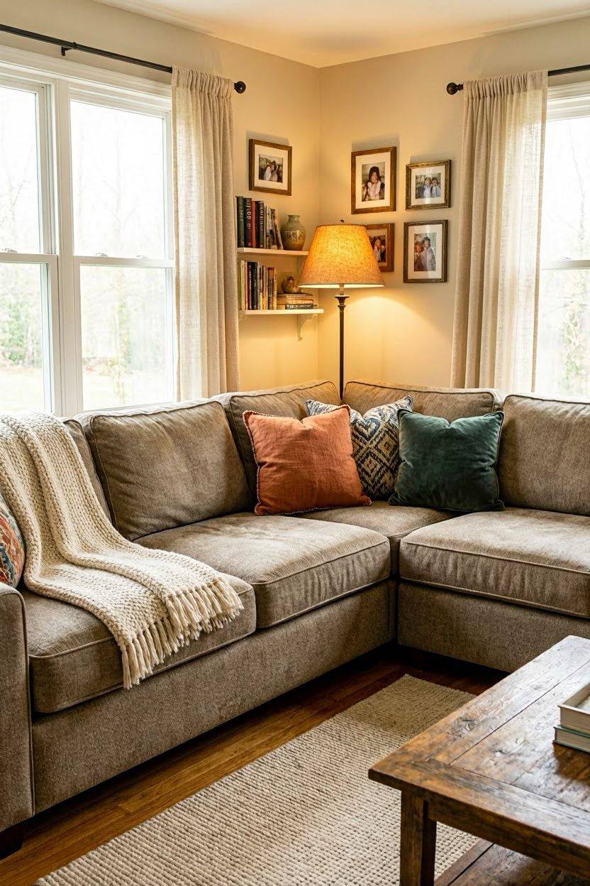 L-shaped sectional placed in the corner of a living room