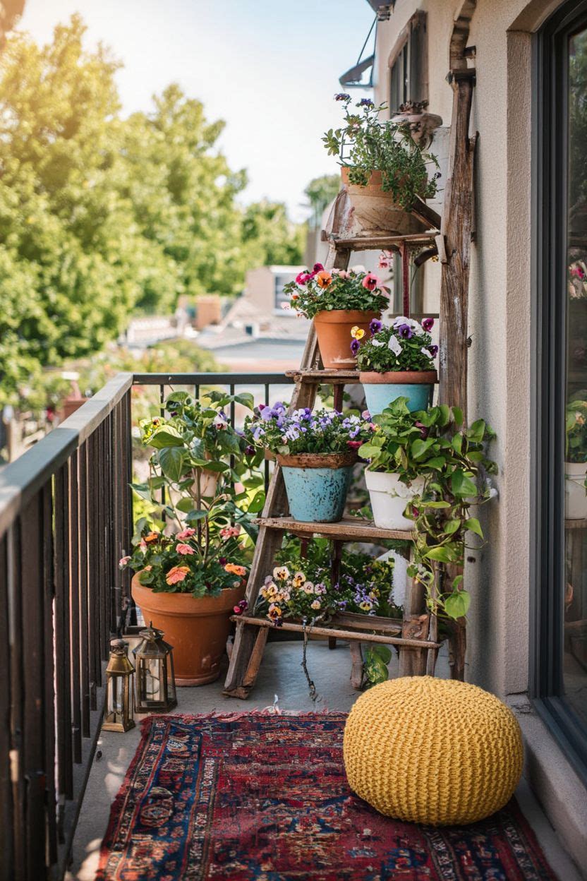 Vintage weathered wooden ladder leaning against apartment balcony wall used as tiered plant stand with colorful flower pots at each rung — pansies, petunias, trailing ivy, mixed terra cotta and painted pots, bohemian rug below