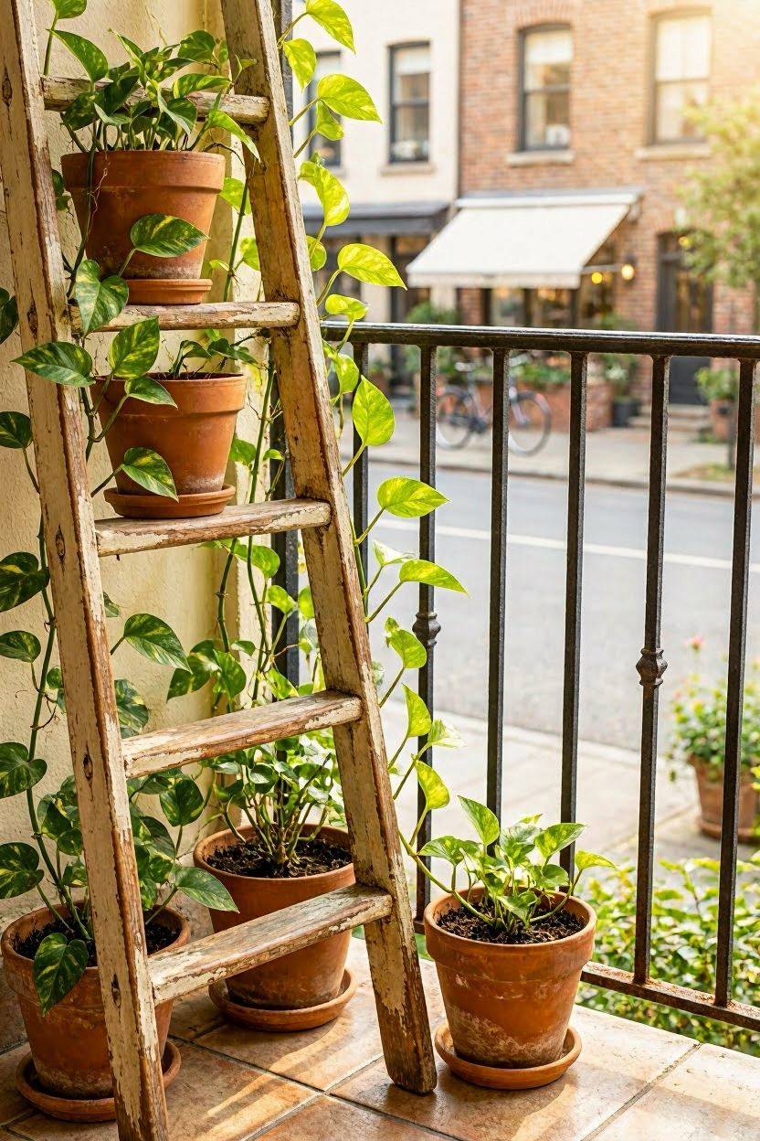 Wooden ladder trellis leaned against balcony railing with climbing pothos vines