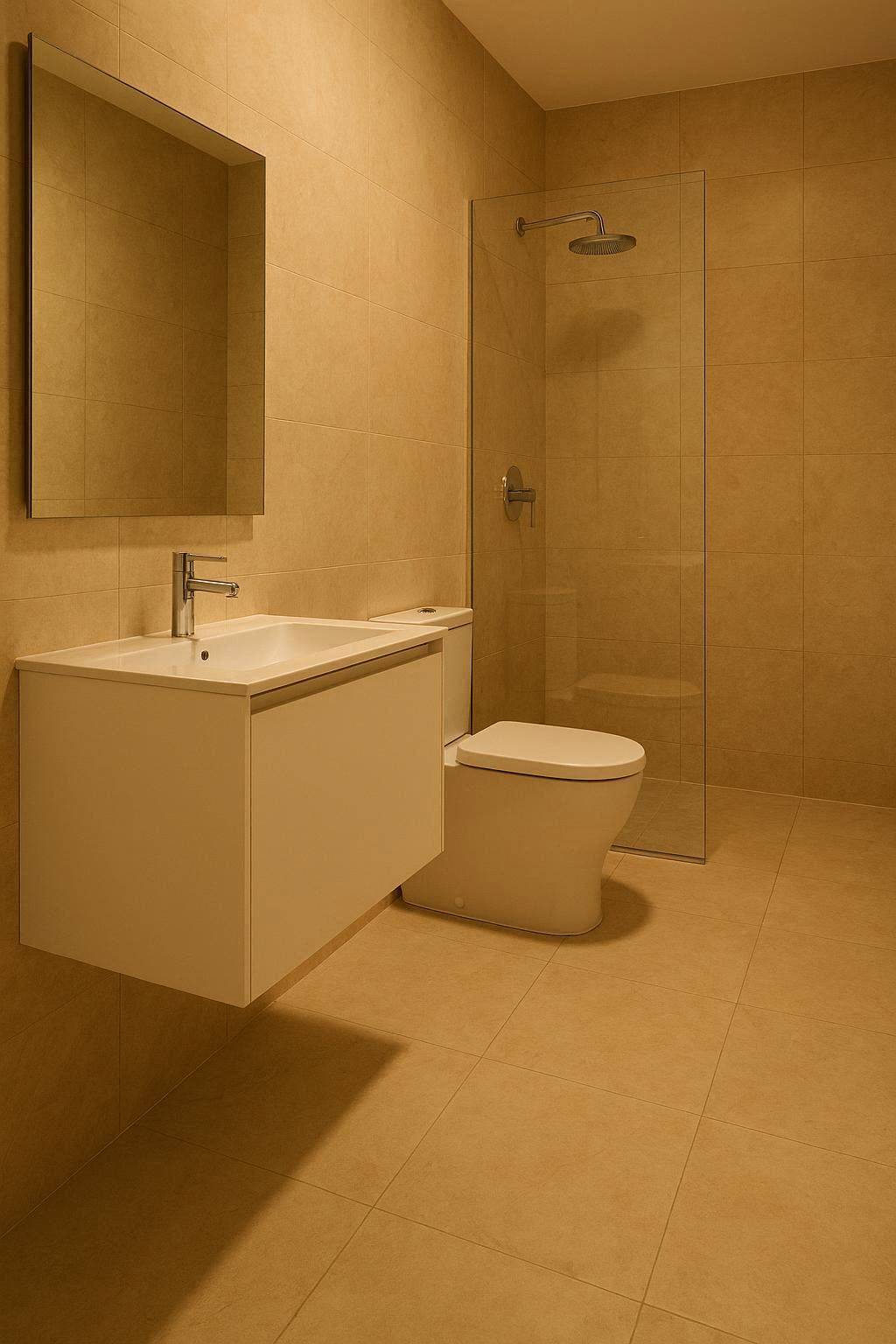 Large format porcelain floor tile installed in small bathroom