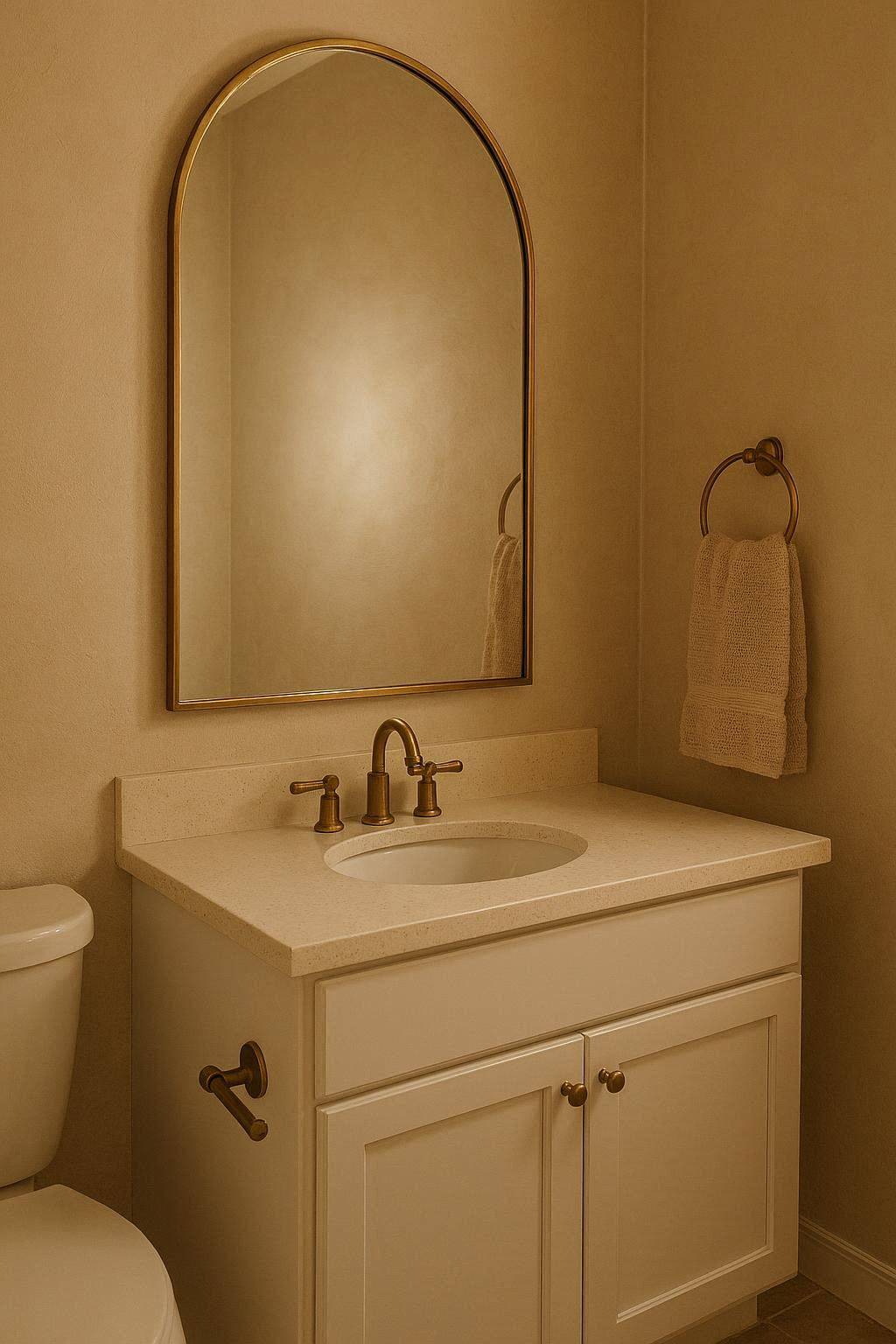 Large arched mirror above vanity making small bathroom look bigger
