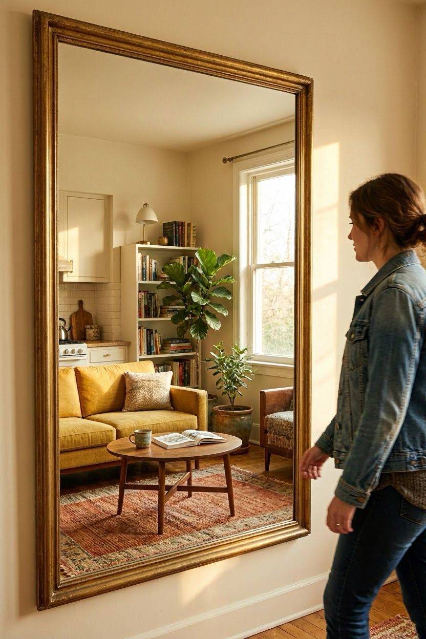 Large wall mirror reflecting natural light in small apartment living room