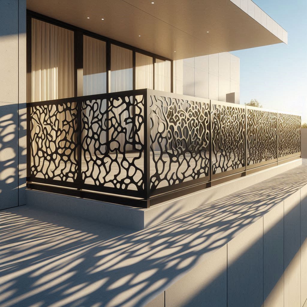 Laser cut organic pattern steel balcony railing on modern home exterior